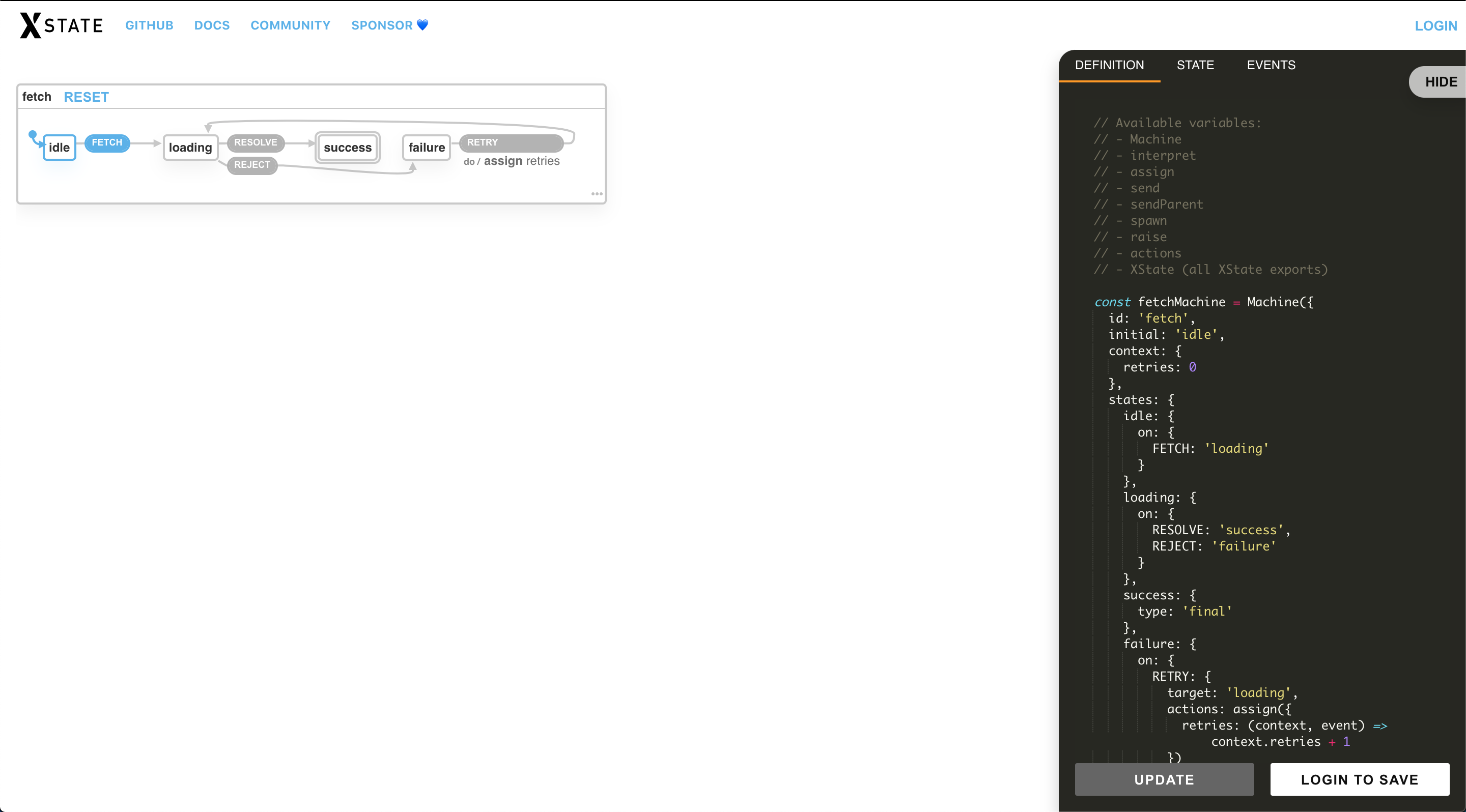 imagem mostrando o xstate/viz aberto com uma fetch machine.
